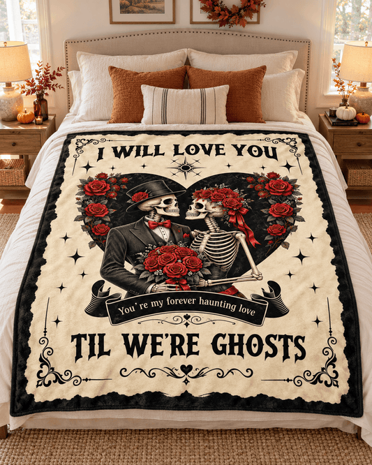 A Halloween-themed fleece blanket with a gothic skeleton bride and groom design, displayed on a neatly made bed in a fully decorated bedroom.