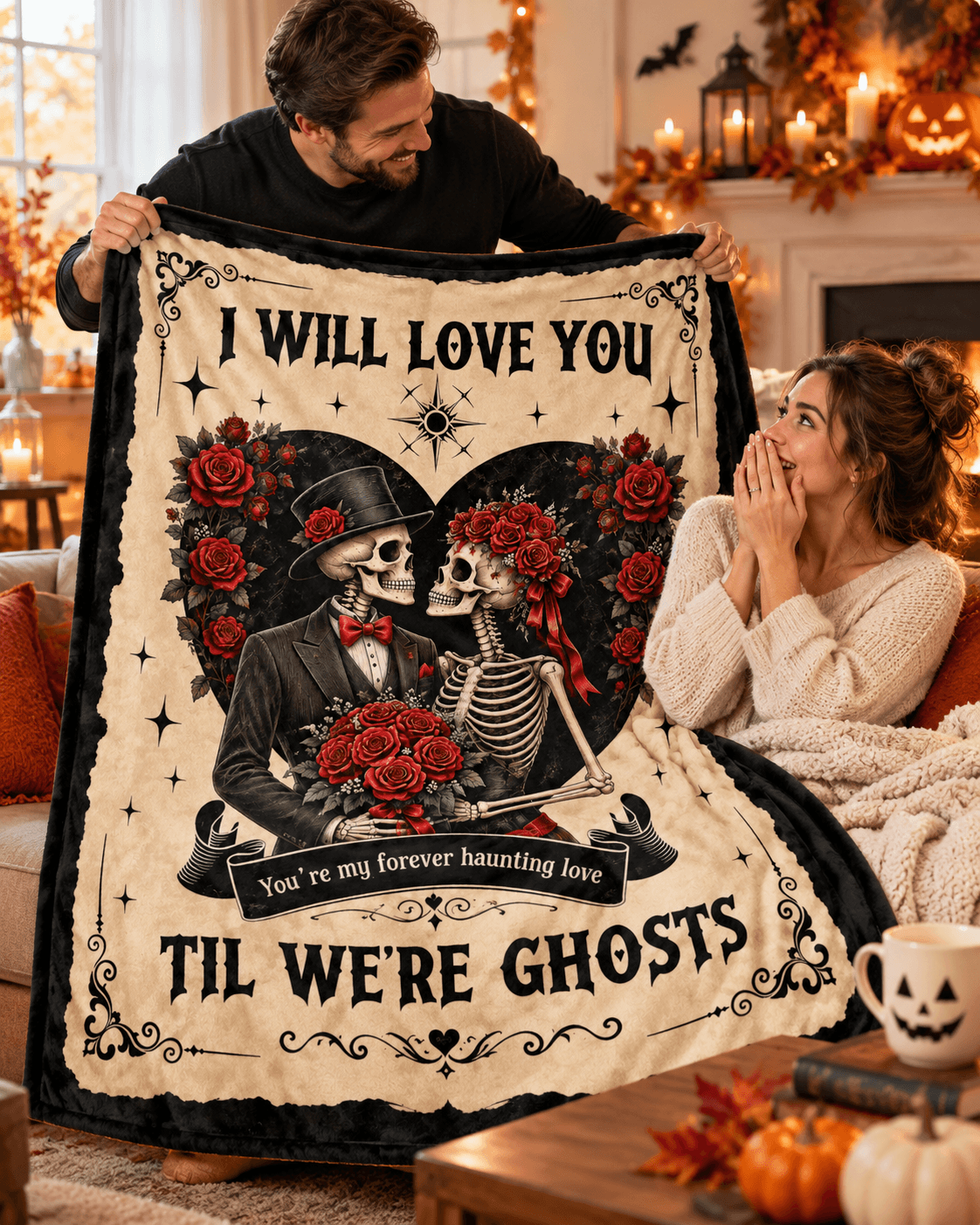 I Will Love You ’Til We’re Ghosts Halloween Blanket – Skeleton Couple Gothic Romance Blanket – 60"x80"