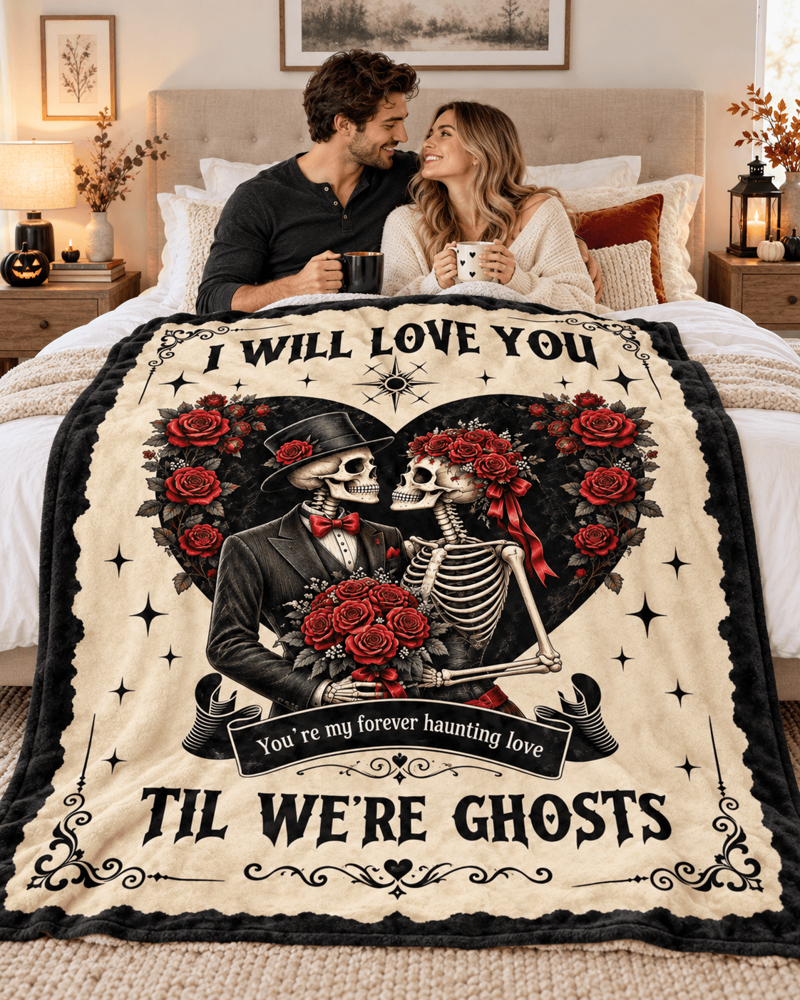 I Will Love You ’Til We’re Ghosts Halloween Blanket – Skeleton Couple Gothic Romance Blanket – 60"x80"