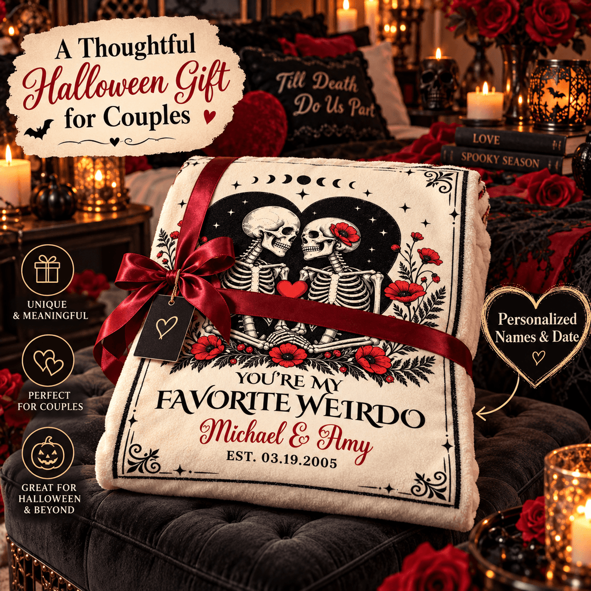 A Halloween-themed couple's gift blanket featuring a skeleton illustration with red roses and custom text, wrapped in a dark red ribbon and heart tag, displayed on a velvet tufted chair in a candlelit room.