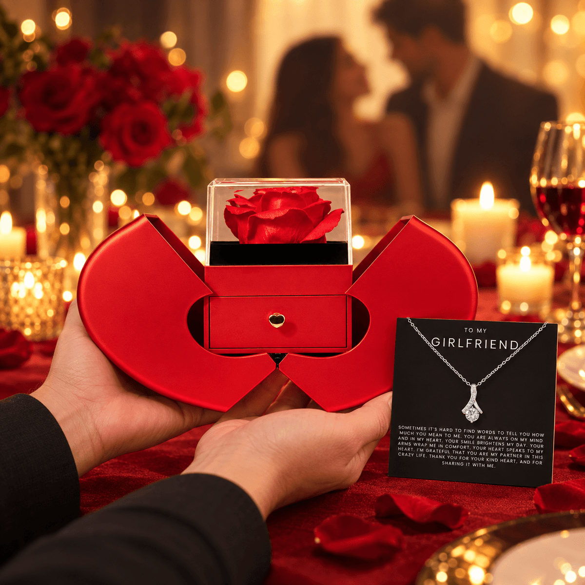 To My Girlfriend - Alluring Beauty Necklace - Red Heart Rose Box Gift Set