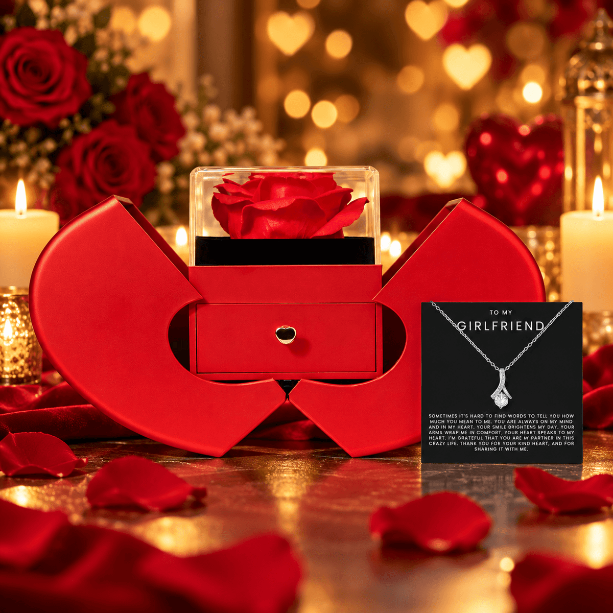 To My Girlfriend - Alluring Beauty Necklace - Red Heart Rose Box Gift Set