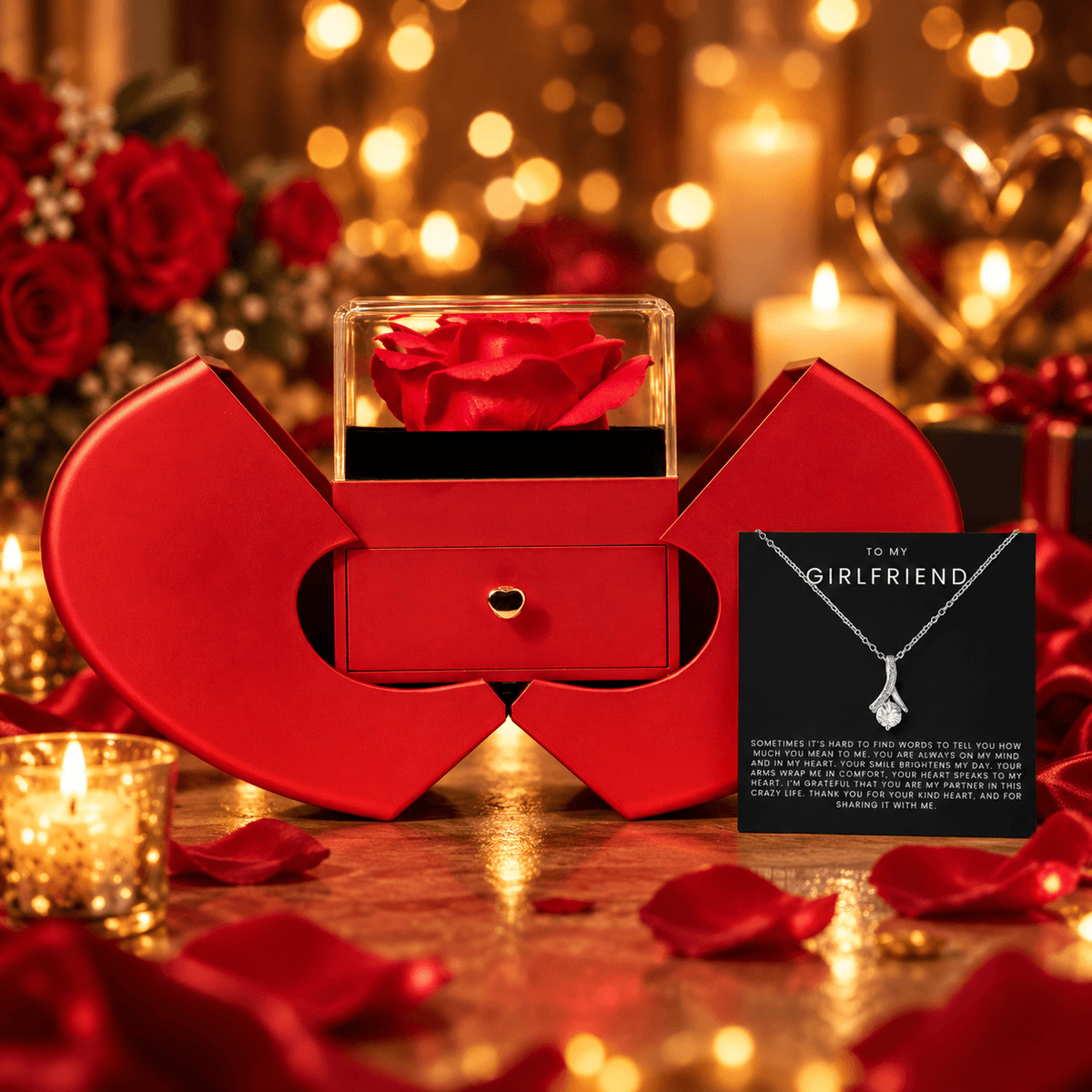 To My Girlfriend - Alluring Beauty Necklace - Red Heart Rose Box Gift Set