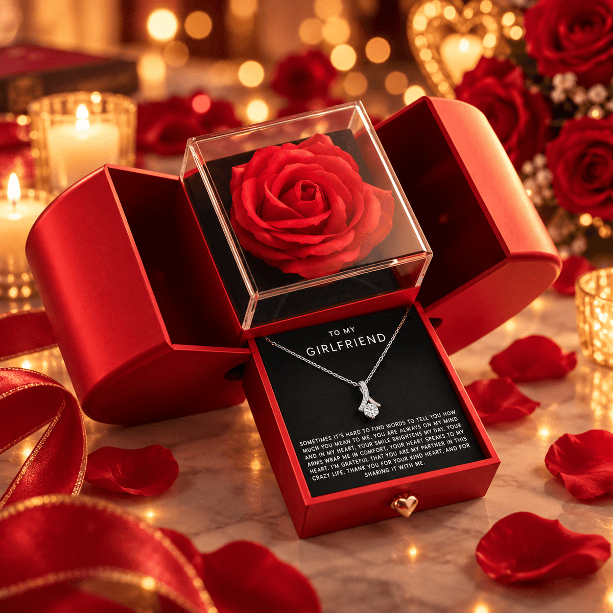 To My Girlfriend - Alluring Beauty Necklace - Red Heart Rose Box Gift Set