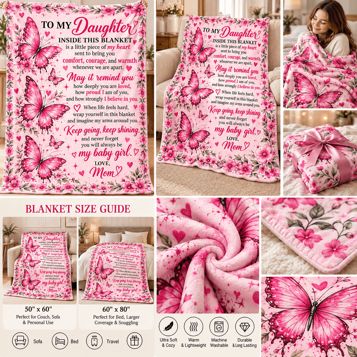 To My Daughter – A Little Piece of Mom’s Heart – Butterfly Blanket Gift 50x60 and 60x80