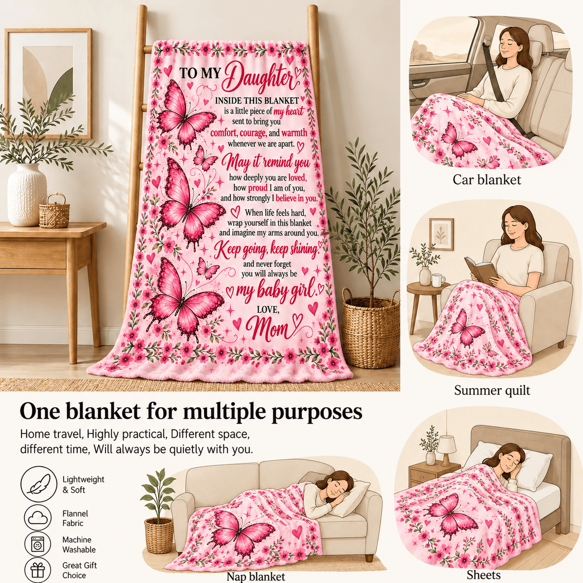 To My Daughter – A Little Piece of Mom’s Heart – Butterfly Blanket Gift 50x60 and 60x80