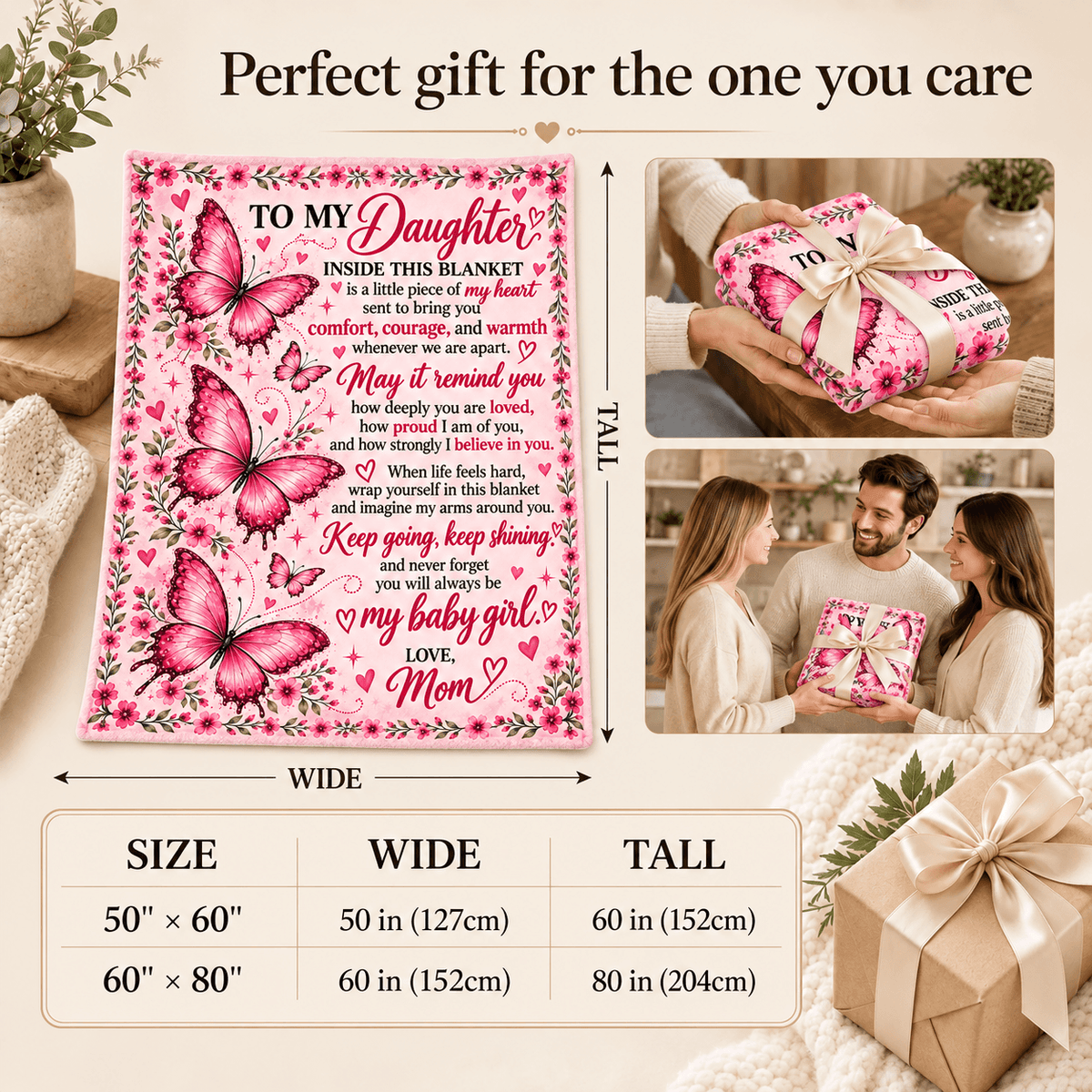 To My Daughter – A Little Piece of Mom’s Heart – Butterfly Blanket Gift 50x60 and 60x80