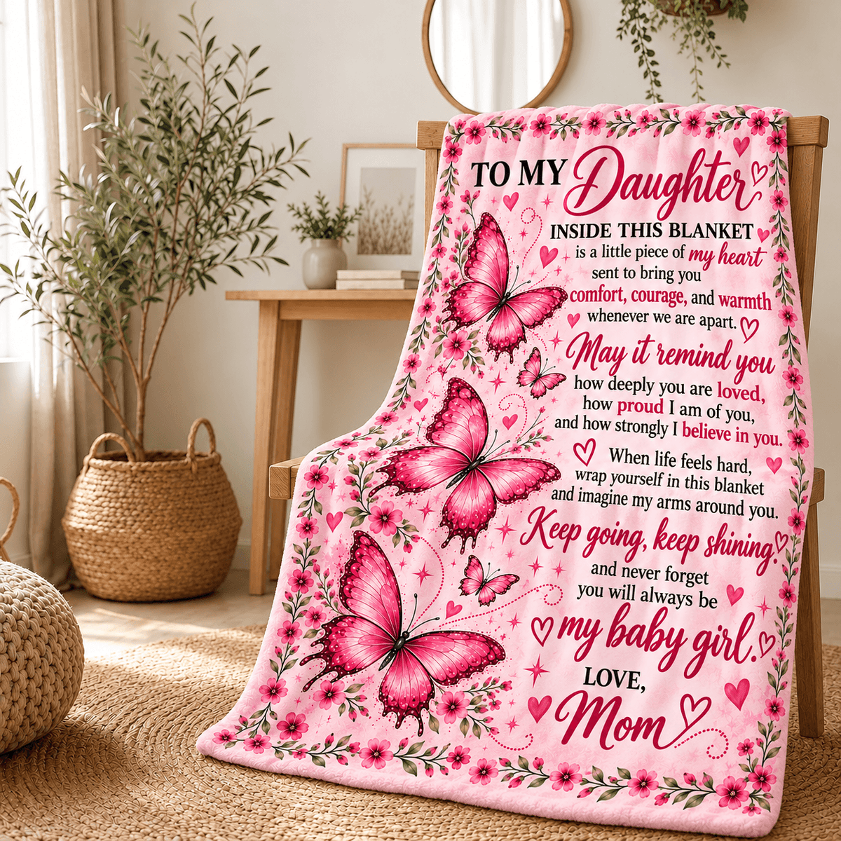 A pink fleece throw blanket with butterfly illustrations and a sentimental message for a daughter, draped over a wooden chair in a styled living room setting.