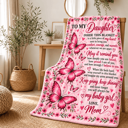A pink fleece throw blanket with butterfly illustrations and a sentimental message for a daughter, draped over a wooden chair in a styled living room setting.