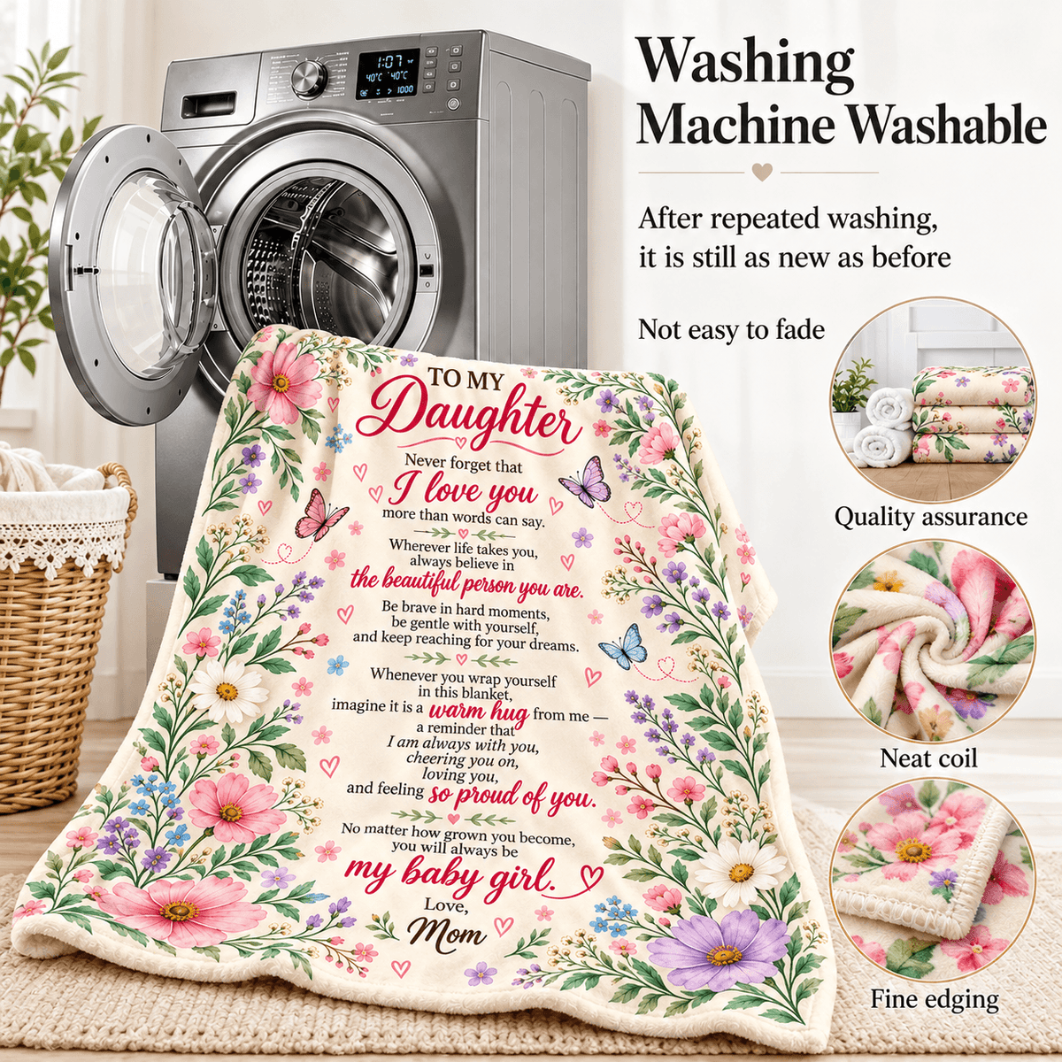 To My Daughter Blanket From Mom – A Warm Hug From Me – Floral Butterfly Design