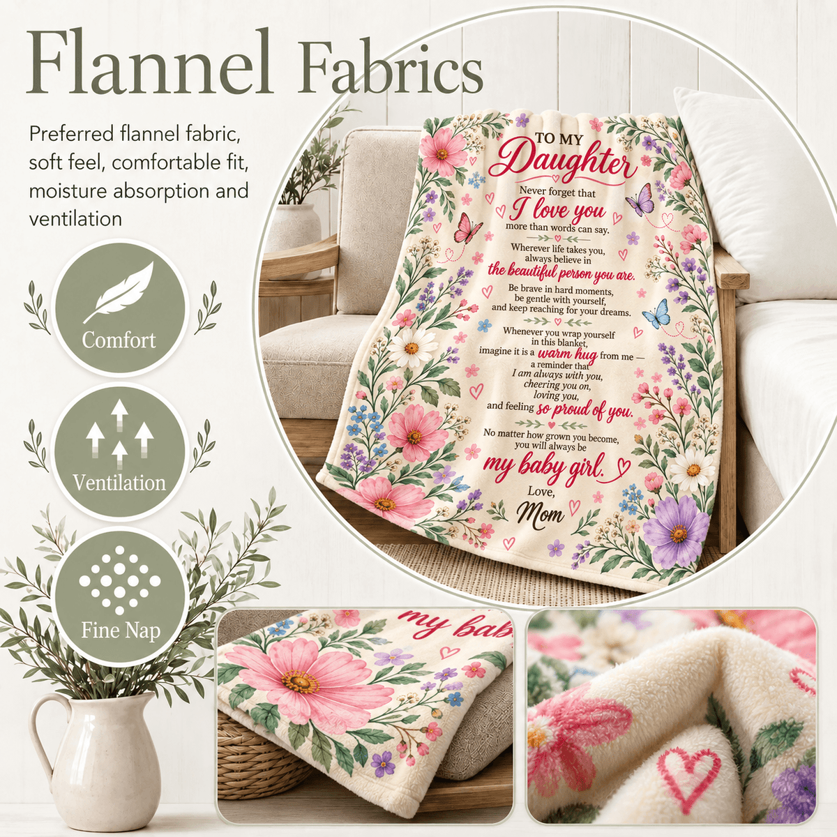 To My Daughter Blanket From Mom – A Warm Hug From Me – Floral Butterfly Design