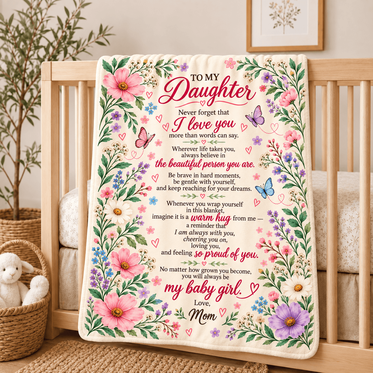 To My Daughter Blanket From Mom – A Warm Hug From Me – Floral Butterfly Design