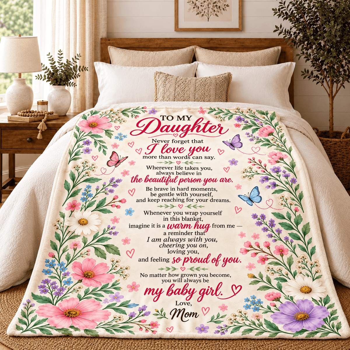 To My Daughter Blanket From Mom – A Warm Hug From Me – Floral Butterfly Design