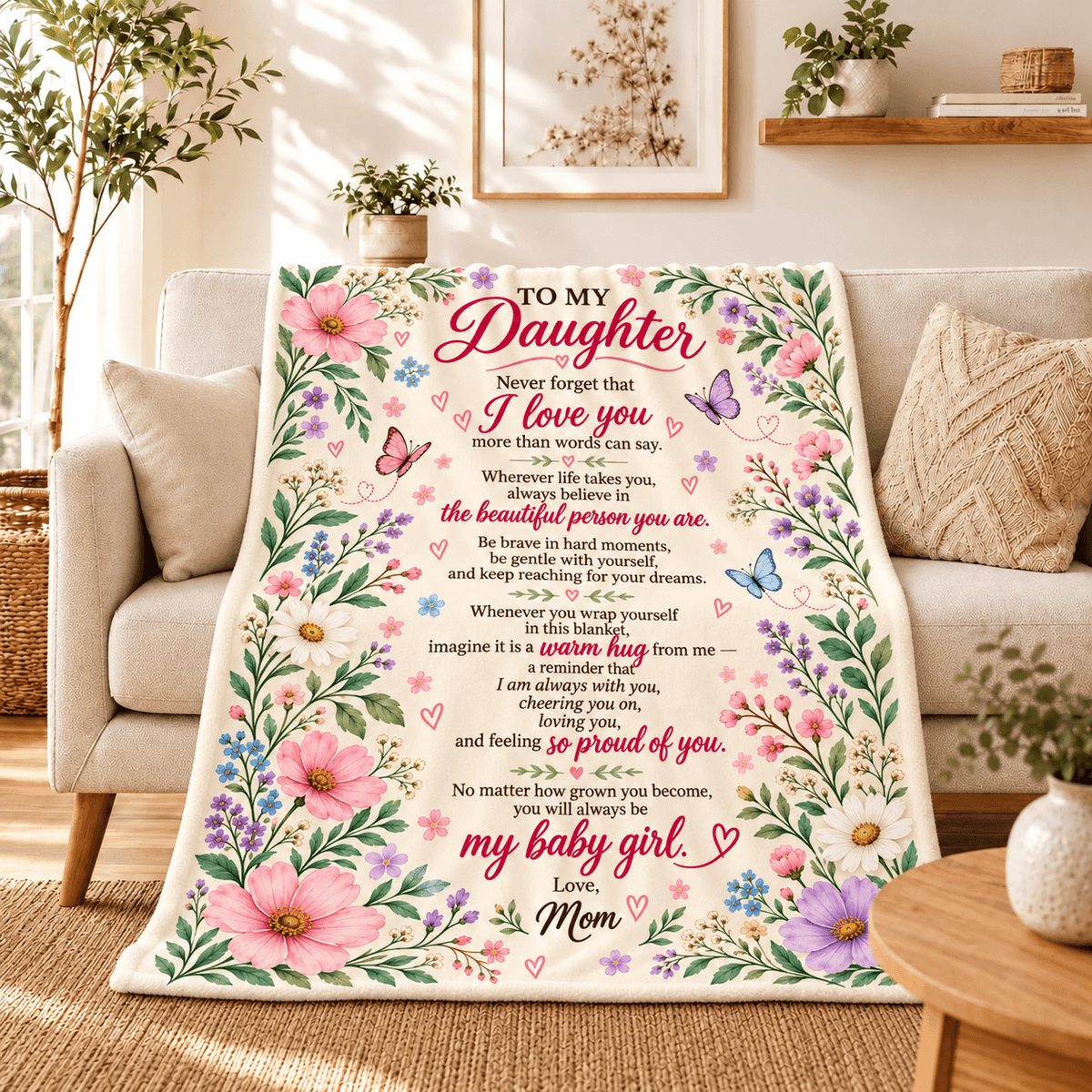 To My Daughter Blanket From Mom – A Warm Hug From Me – Floral Butterfly Design