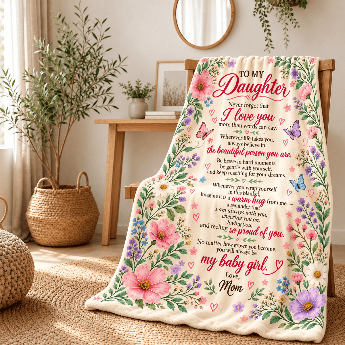 To My Daughter Blanket From Mom – A Warm Hug From Me – Floral Butterfly Design