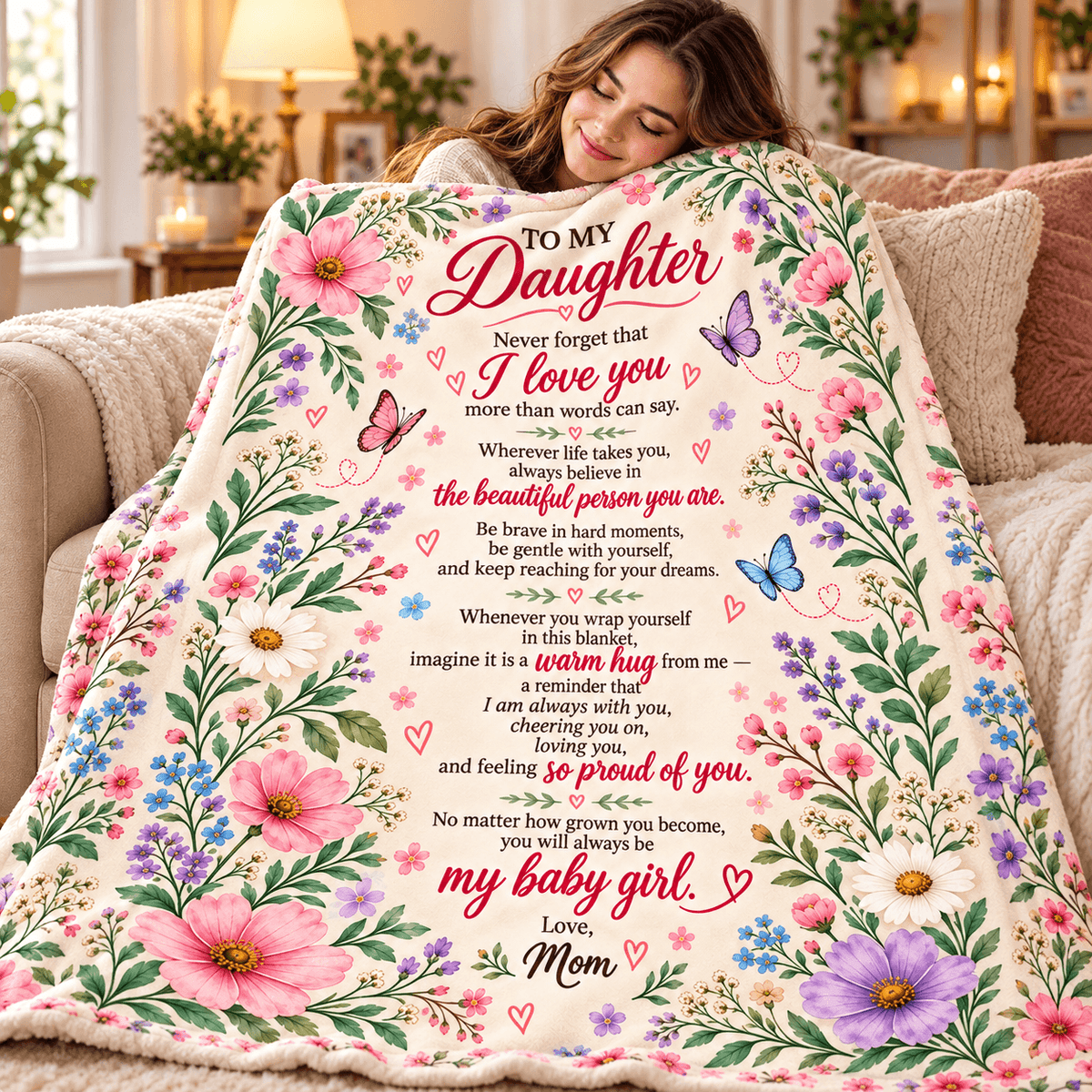 To My Daughter Blanket From Mom – A Warm Hug From Me – Floral Butterfly Design
