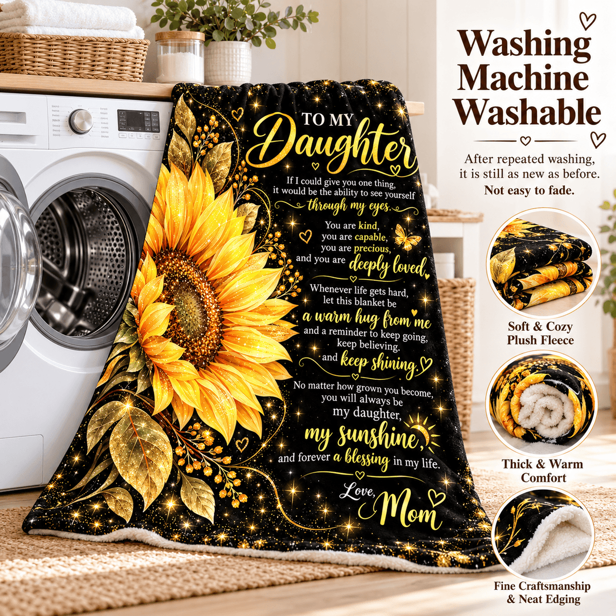To My Daughter Blanket From Mom – Stronger Than You Know – Golden Sunflower Design