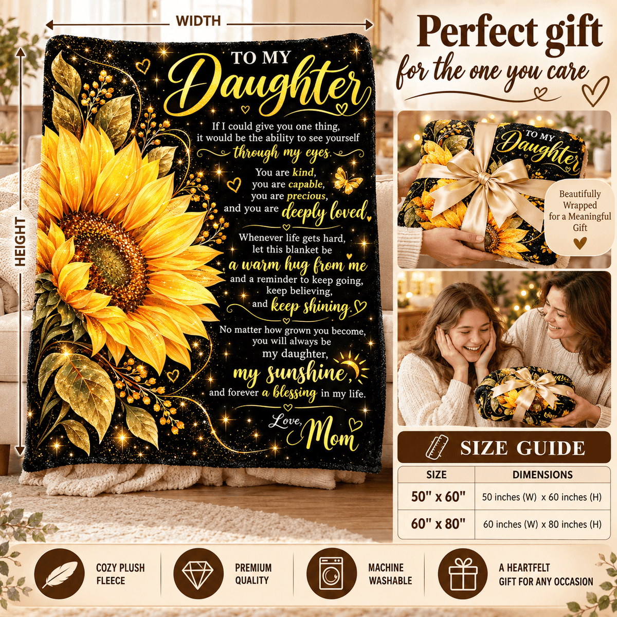 To My Daughter Blanket From Mom – Stronger Than You Know – Golden Sunflower Design