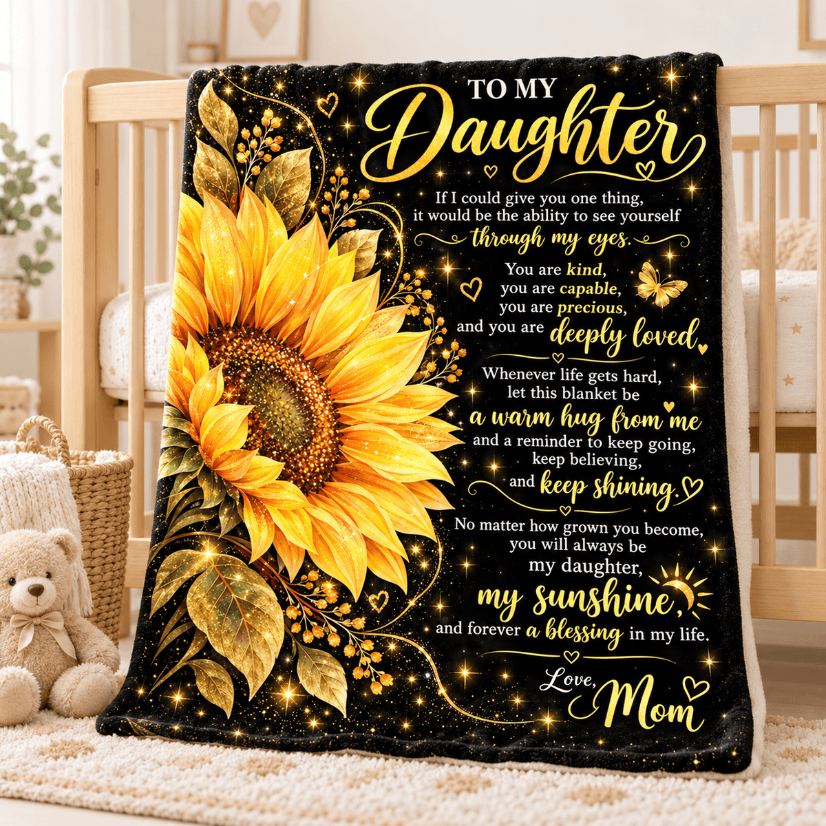 To My Daughter Blanket From Mom – Stronger Than You Know – Golden Sunflower Design