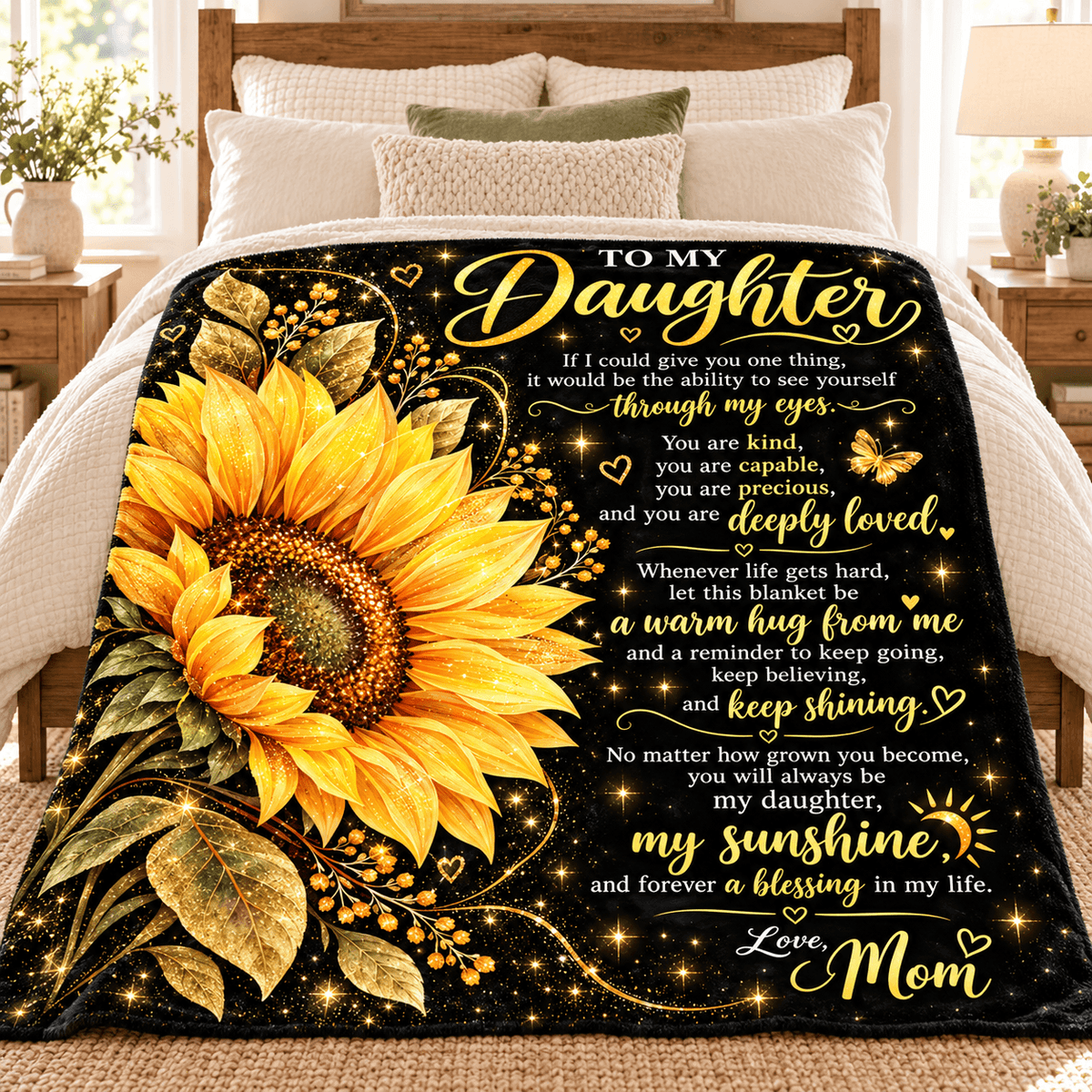 To My Daughter Blanket From Mom – Stronger Than You Know – Golden Sunflower Design