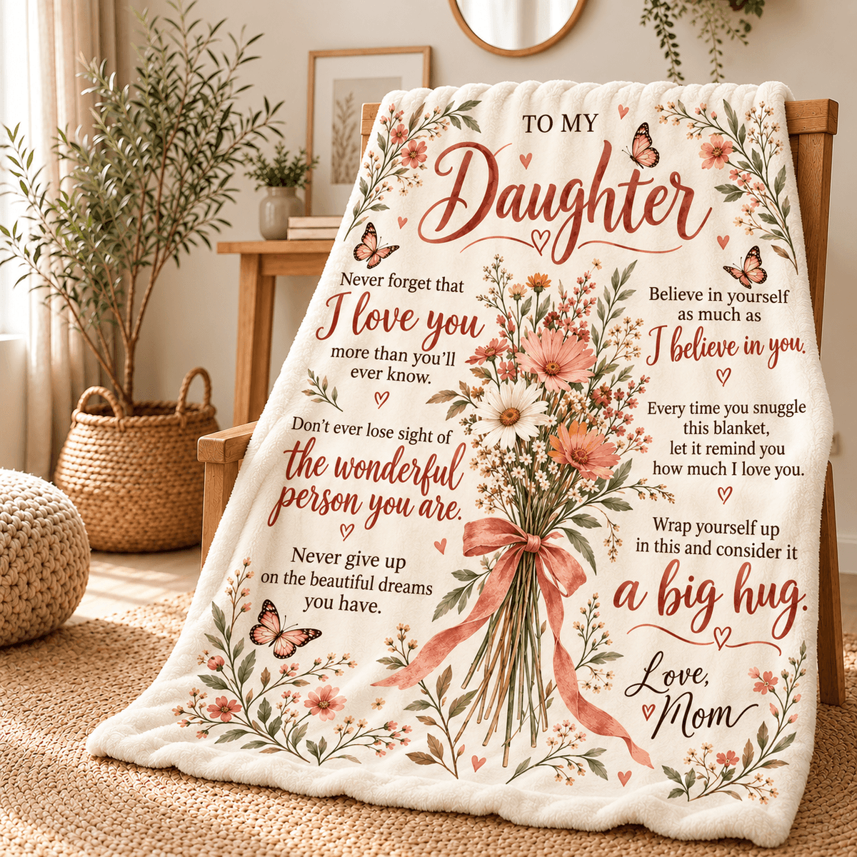 A cream-colored fleece blanket draped over a wooden chair in a cozy, sunlit room. The blanket features a colorful floral bouquet illustration with pink and orange blossoms, butterflies, and hearts, alongside sentimental text addressed 'To My Daughter' and 'Love, Mom'.