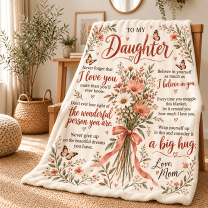 A cream-colored fleece blanket draped over a wooden chair in a cozy, sunlit room. The blanket features a colorful floral bouquet illustration with pink and orange blossoms, butterflies, and hearts, alongside sentimental text addressed 'To My Daughter' and 'Love, Mom'.