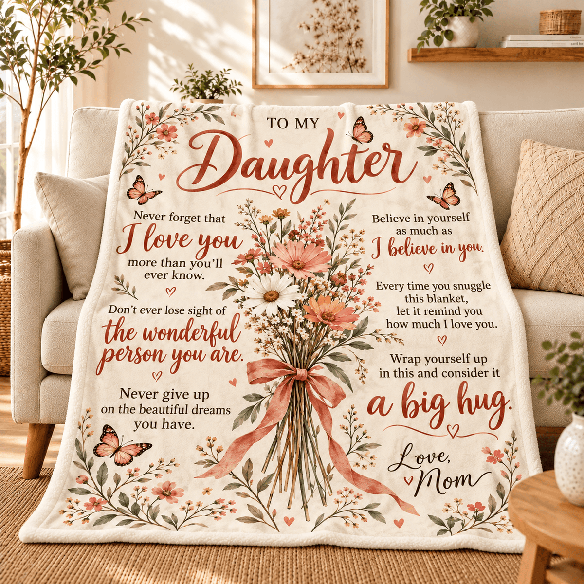 A cream-colored fleece throw blanket with a floral bouquet design and sentimental text for a daughter, displayed on a beige sofa in a cozy living room setting.