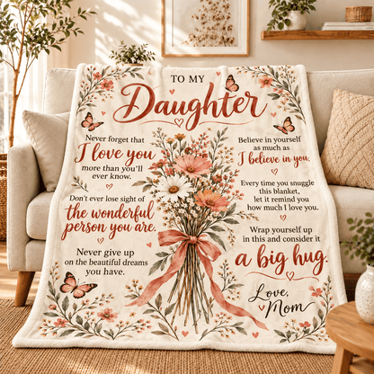 A cream-colored fleece throw blanket with a floral bouquet design and sentimental text for a daughter, displayed on a beige sofa in a cozy living room setting.