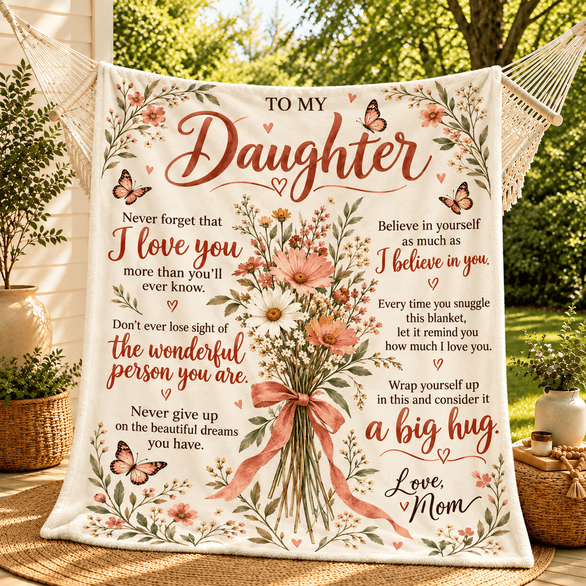 A cream-colored fleece blanket with a floral and text design hanging from a hammock outdoors. The design features a bouquet of white and pink flowers, butterflies, and cursive text reading 'TO MY Daughter' and various sentimental messages for a daughter.