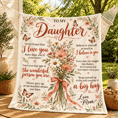 A cream-colored fleece blanket with a floral and text design hanging from a hammock outdoors. The design features a bouquet of white and pink flowers, butterflies, and cursive text reading 'TO MY Daughter' and various sentimental messages for a daughter.
