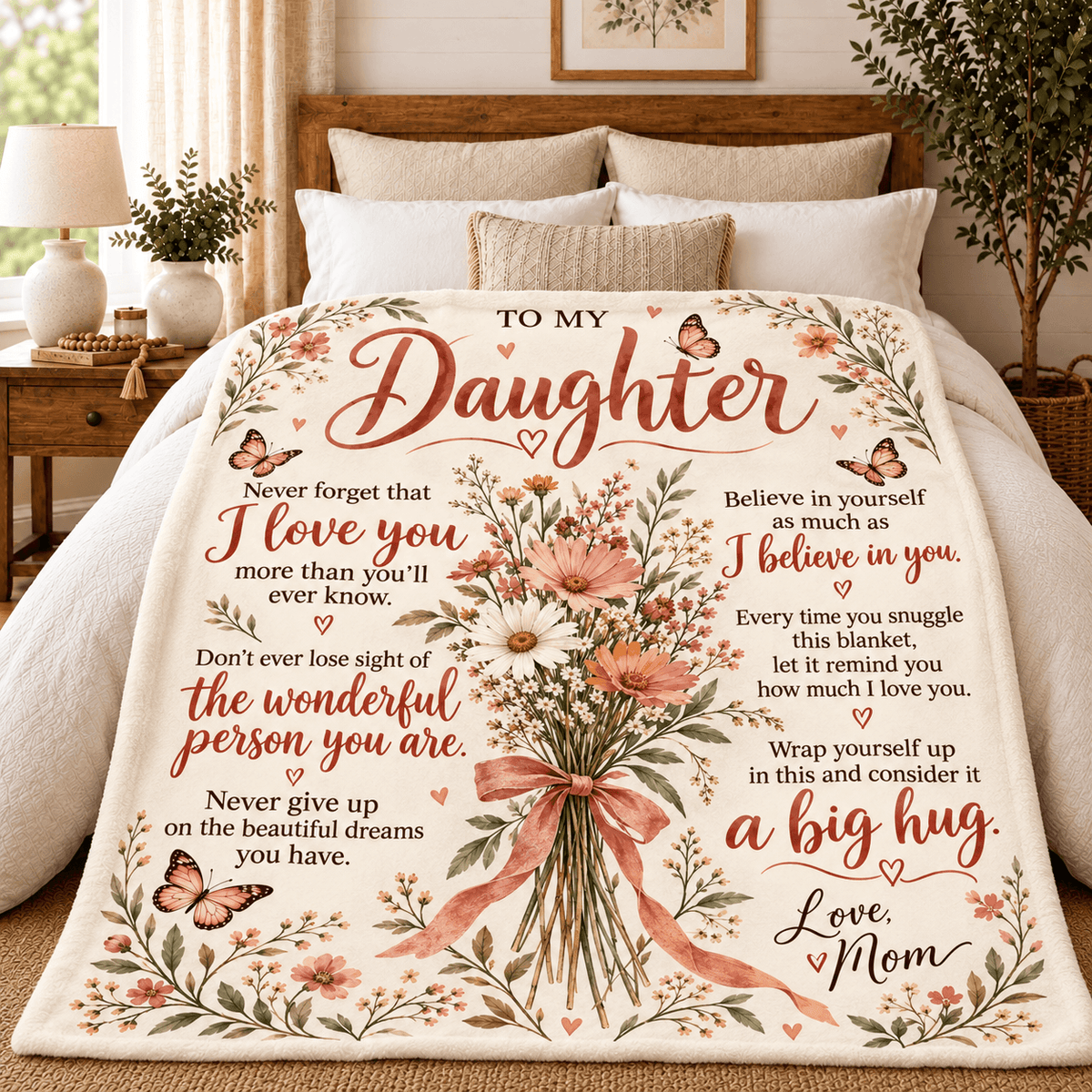A cream-colored fleece blanket with a floral and butterfly design and sentimental quotes for a daughter, styled on a bed in a warm, cozy bedroom setting.