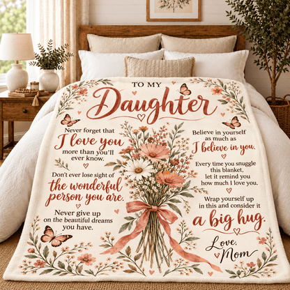 A cream-colored fleece blanket with a floral and butterfly design and sentimental quotes for a daughter, styled on a bed in a warm, cozy bedroom setting.