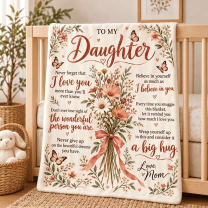A cream-colored fleece blanket with a floral and butterfly design, draped over a wooden crib in a nursery setting. The blanket features sentimental text addressed to a daughter and a central bouquet illustration with a pink ribbon.