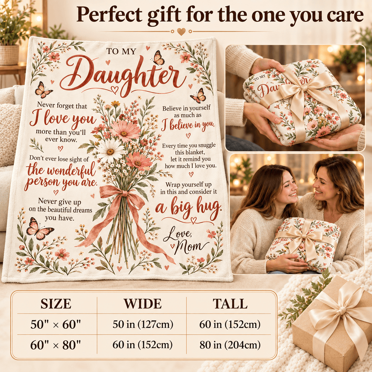 A floral sympathy/gift message print for a daughter is shown prominently, with a smaller inset photo of a woman holding a matching wrapped gift. The top text reads 'Perfect gift for the one you care,' and a size table appears at the bottom.