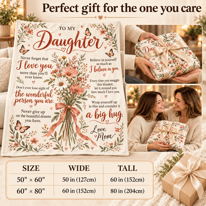 A floral sympathy/gift message print for a daughter is shown prominently, with a smaller inset photo of a woman holding a matching wrapped gift. The top text reads 'Perfect gift for the one you care,' and a size table appears at the bottom.