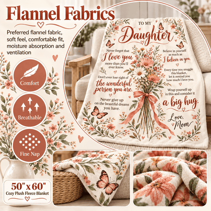 A flannel fleece blanket with a floral and butterfly design is displayed on a chair in a cozy home setting, alongside feature callouts and close-up detail photos. The blanket is cream-colored with pink, green, and orange floral patterns and a central message for a daughter.