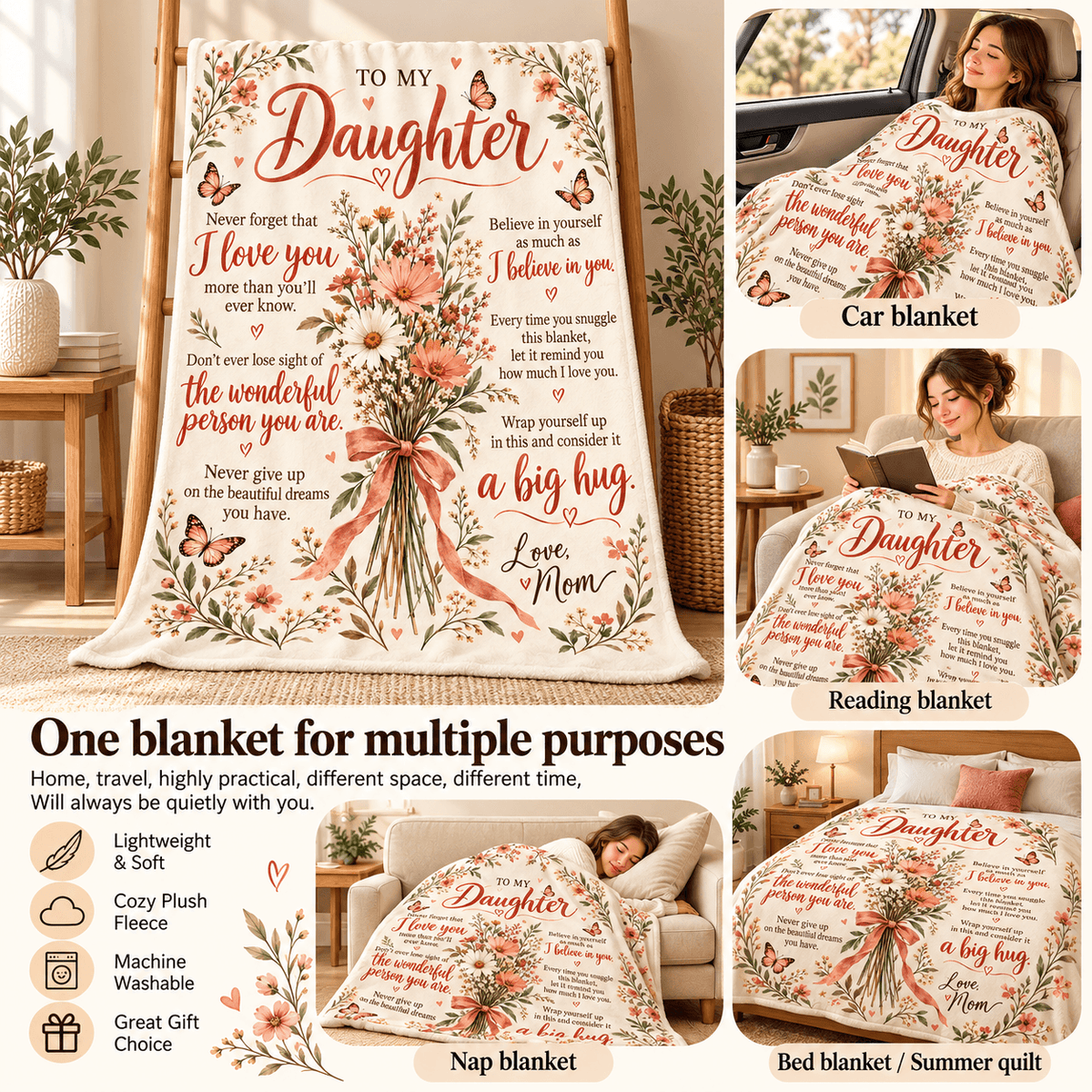 A collage showing a floral and script-print blanket with the message 'To My Daughter' in multiple use cases: hanging as a car blanket, reading blanket, nap blanket, and bed/summer quilt. The blanket features pink roses, green leaves, butterflies, and cursive text on a cream background.