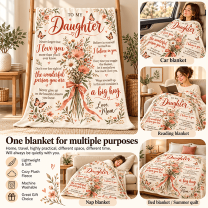 A collage showing a floral and script-print blanket with the message 'To My Daughter' in multiple use cases: hanging as a car blanket, reading blanket, nap blanket, and bed/summer quilt. The blanket features pink roses, green leaves, butterflies, and cursive text on a cream background.