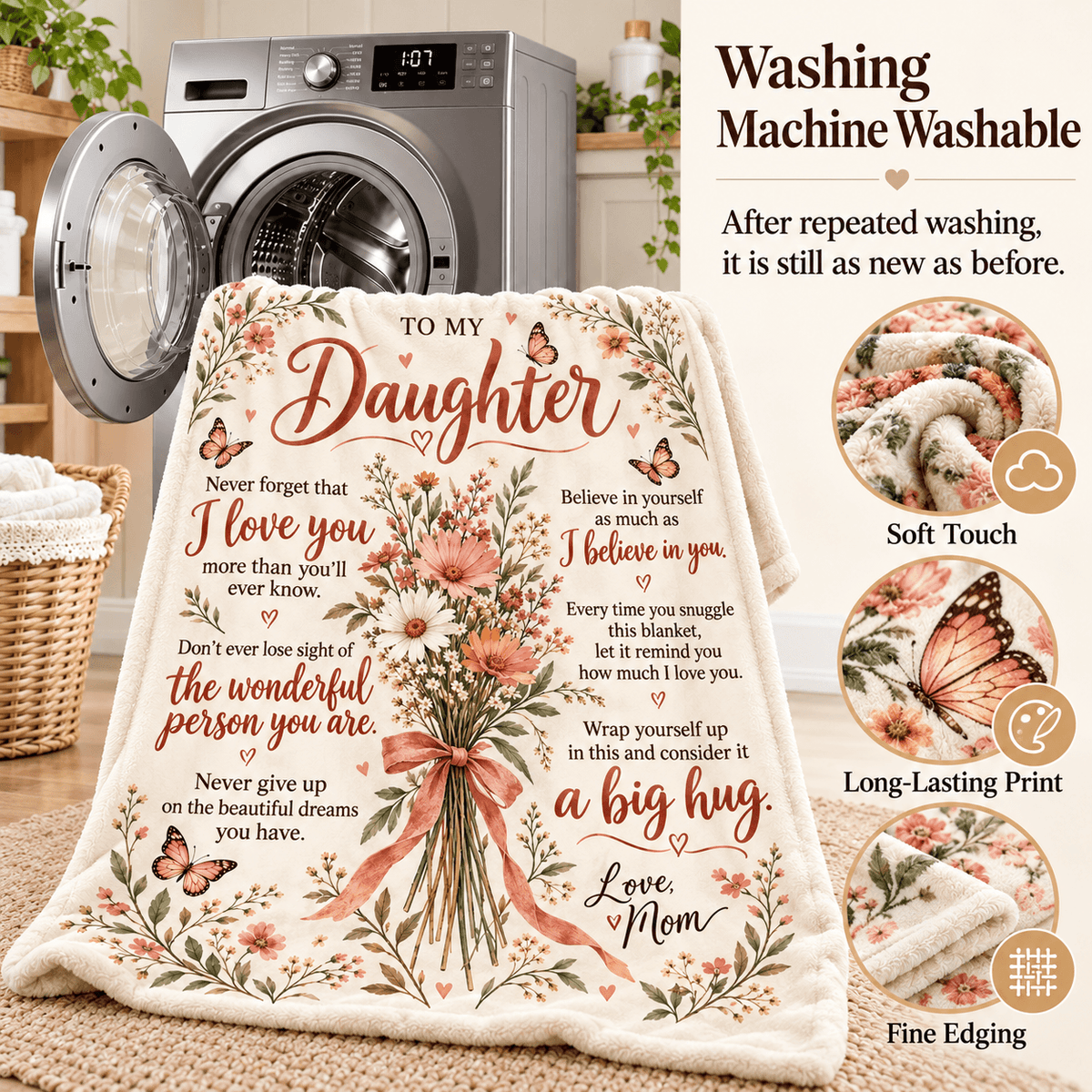 A floral and butterfly-themed blanket draped over a washing machine, with a laundry basket and washing machine in the background and feature callouts on the right. The blanket has a cream base with pink, peach, and green floral print and text reading 'To My Daughter' and 'Love Mom'.