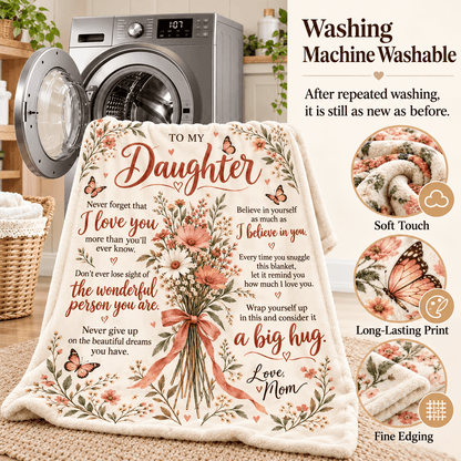 A floral and butterfly-themed blanket draped over a washing machine, with a laundry basket and washing machine in the background and feature callouts on the right. The blanket has a cream base with pink, peach, and green floral print and text reading 'To My Daughter' and 'Love Mom'.