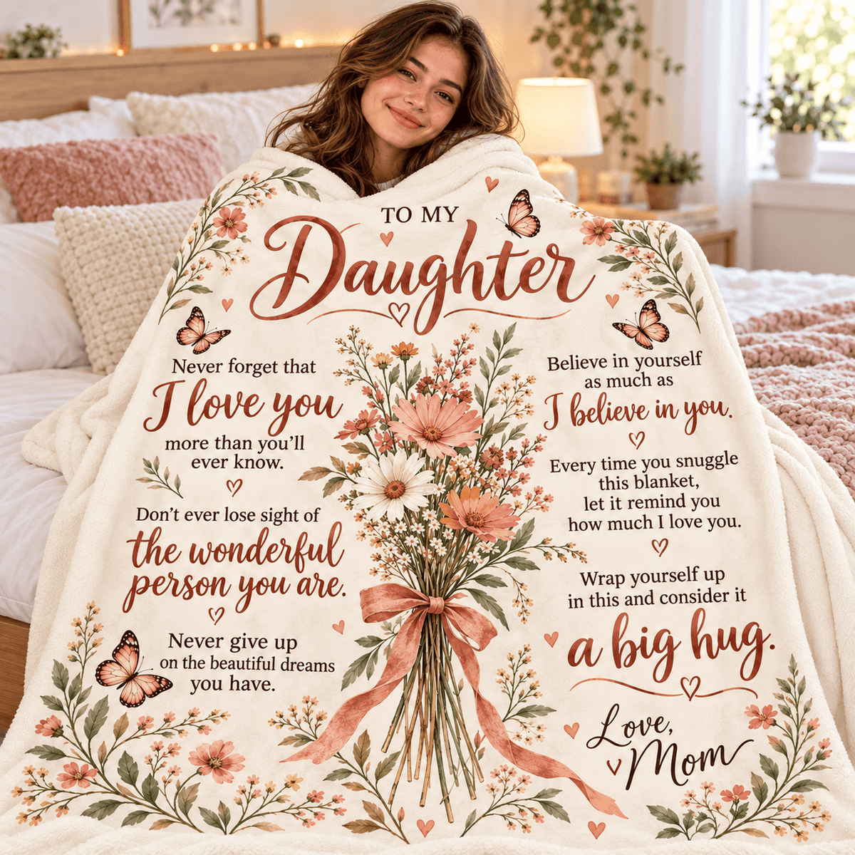 A woman wrapped in a large floral fleece blanket with sentimental text for her daughter, lying on a bed in a bright bedroom.
