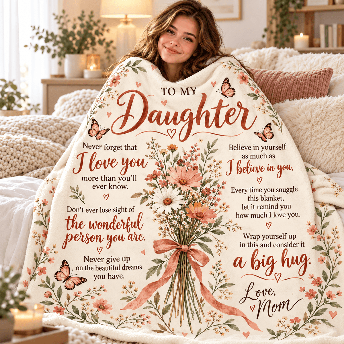 A woman wrapped in a cream-colored fleece blanket with a floral and butterfly design, featuring sentimental text addressed to her daughter. The blanket is shown in a cozy, warmly lit bedroom setting.