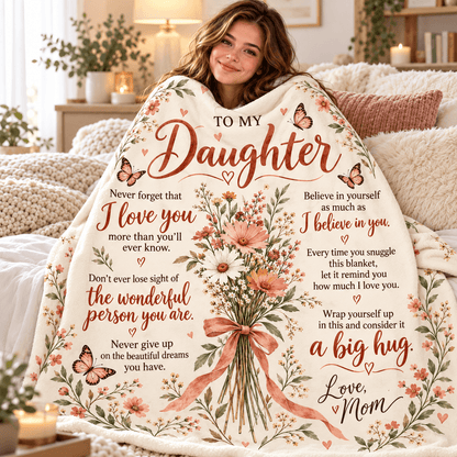 A woman wrapped in a cream-colored fleece blanket with a floral and butterfly design, featuring sentimental text addressed to her daughter. The blanket is shown in a cozy, warmly lit bedroom setting.