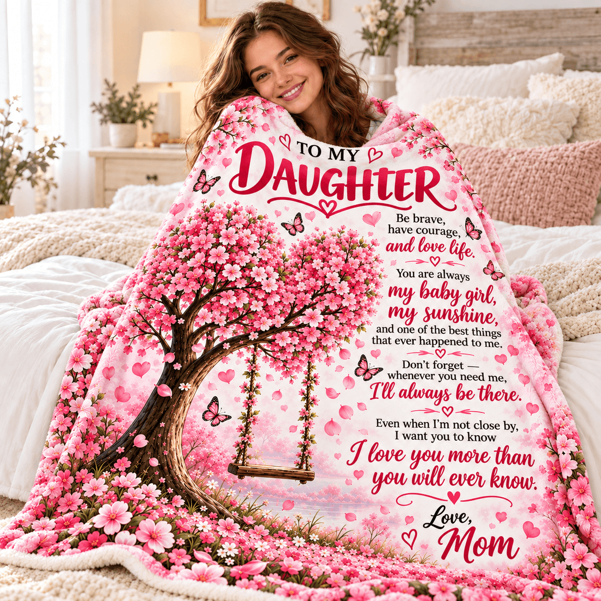A woman wrapped in a pink floral blanket with a cherry tree swing and sentimental text for her daughter, posed on a bed in a cozy bedroom setting.