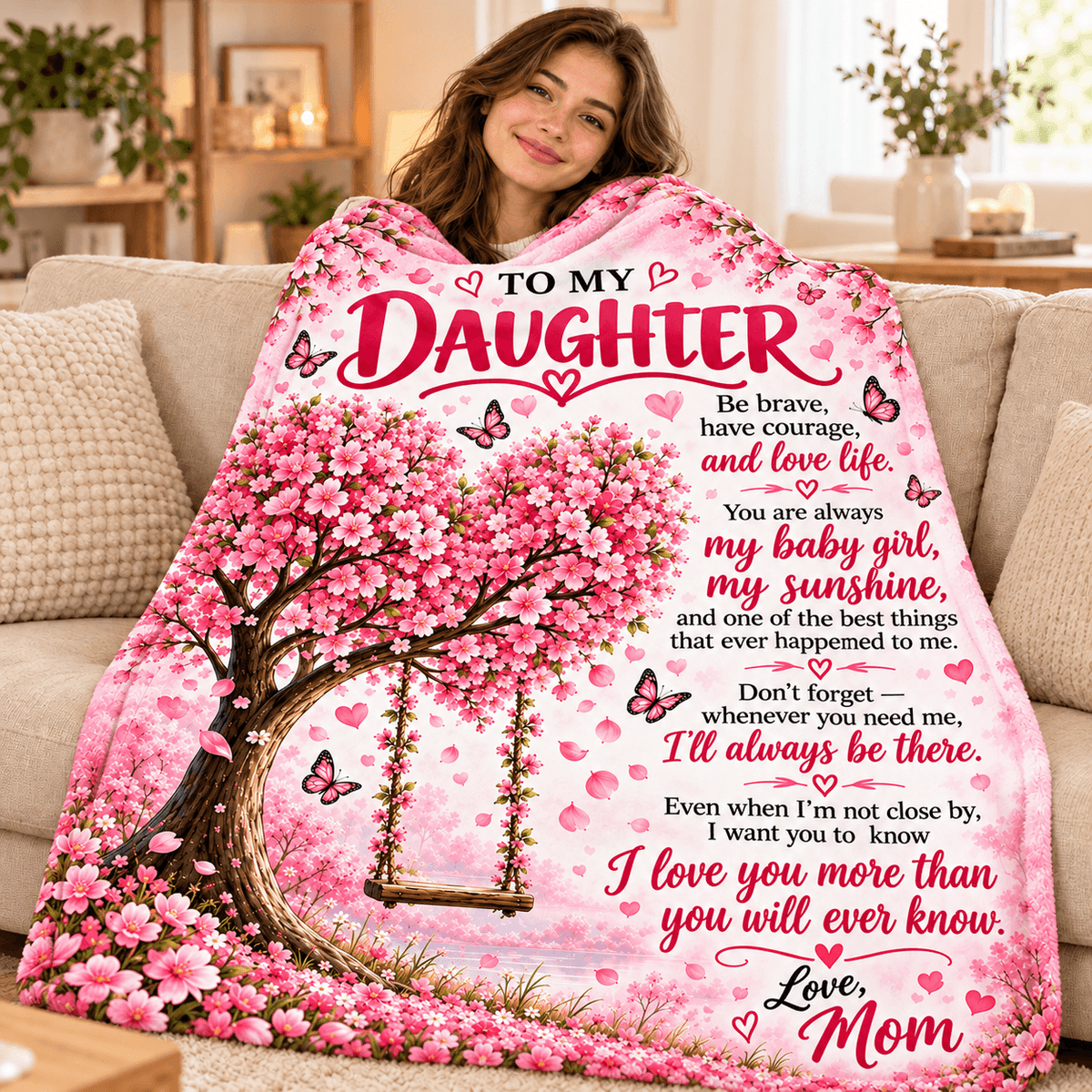 A woman sits on a beige couch wrapped in a pink printed blanket featuring cherry blossoms, butterflies, a swing tree, and a sentimental message addressed to her daughter, with 'Love, Mom' at the bottom.