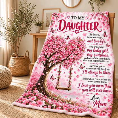 A pink fleece blanket with a cherry blossom tree swing design and a sentimental poem for a daughter, draped over a wooden chair in a cozy, sunlit room.