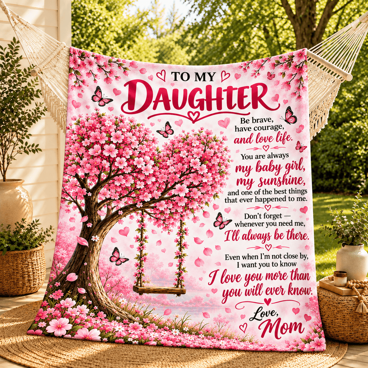 A large pink memorial-style wall tapestry hanging in a hammock outdoors, printed with a cherry blossom tree, swing, butterflies, hearts, and a sentimental message addressed to a daughter and Mom.