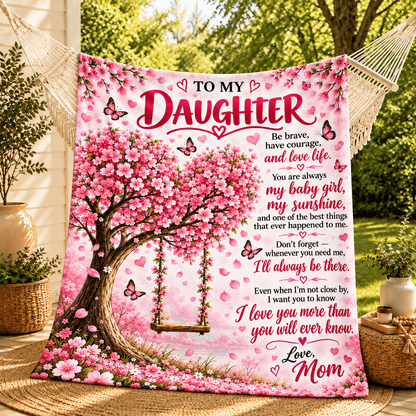 A large pink memorial-style wall tapestry hanging in a hammock outdoors, printed with a cherry blossom tree, swing, butterflies, hearts, and a sentimental message addressed to a daughter and Mom.
