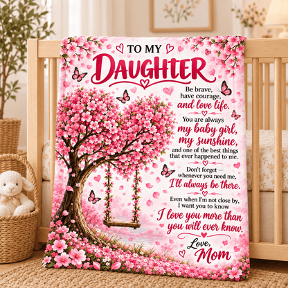 A pink floral memorial-style blanket or quilt draped over a wooden crib, printed with a cherry blossom tree, butterflies, hearts, and a sentimental message addressed to a daughter and Mom.