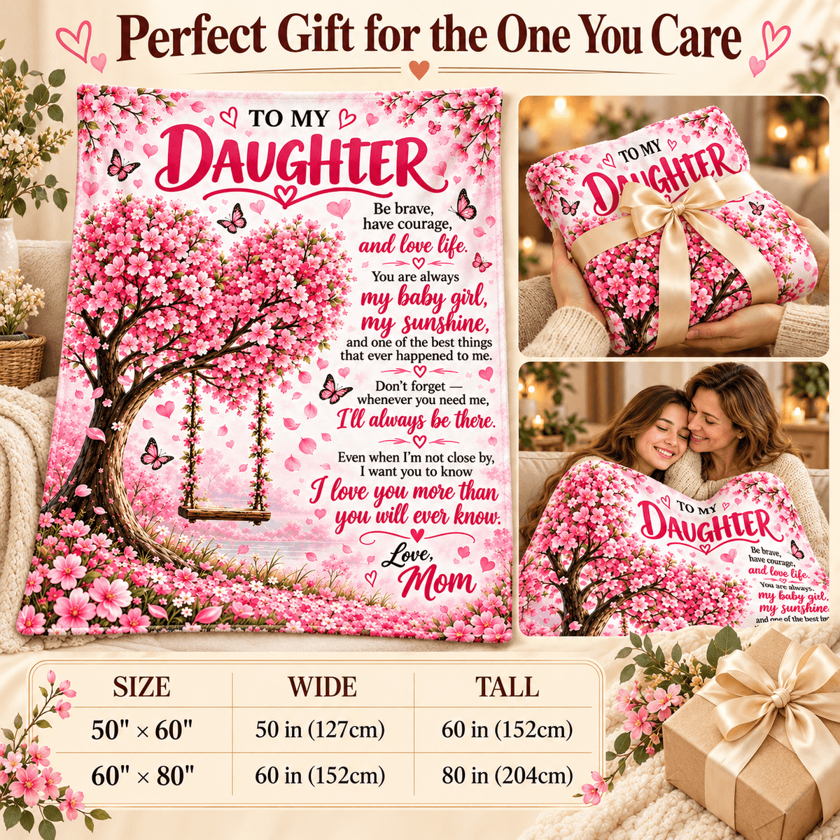 A pink memorial-style pillow or cushion with a cherry blossom tree illustration and a sentimental message addressed to a daughter, shown in multiple presentation views including a wrapped gift, a person holding it, and a size chart at the bottom.